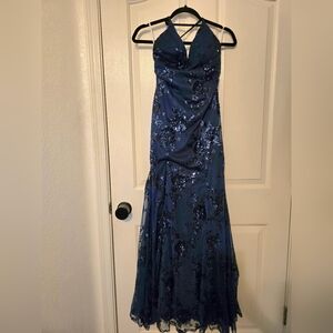 Elegant Navy Blue Sequin Evening Gown.